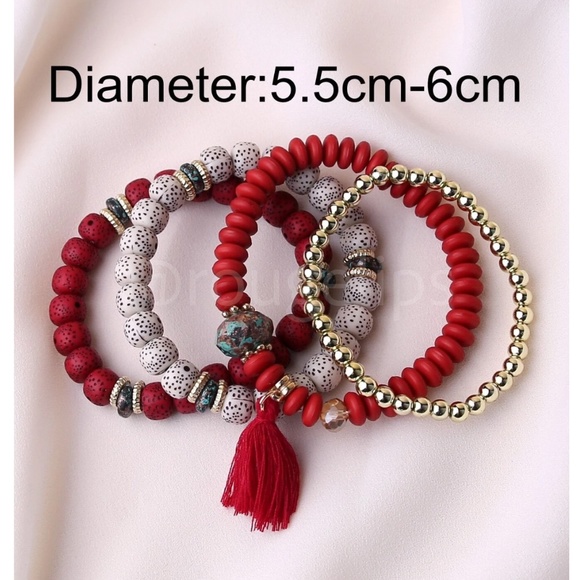 4 Pcs Multicolor Beaded Bracelet Tassel Charm Elastic Red, Gold, Cream - Picture 4 of 5